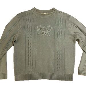 Vintage Haband Gray Cable Knit Sweater with Floral Embroidery Women's Large